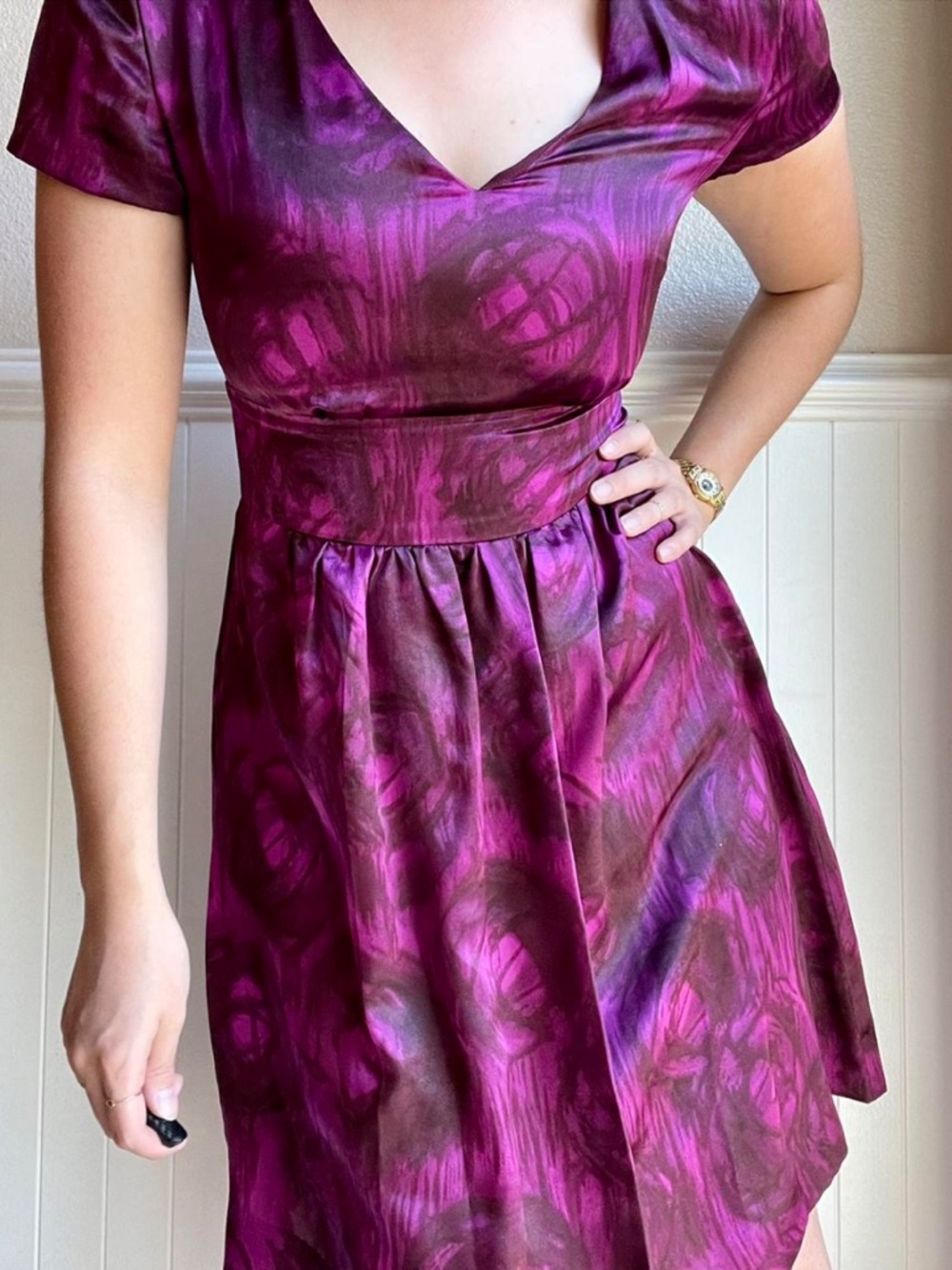 Banana Republic Petite Silk Dress Purple Magenta Abstract Print Fit & Flare 6P